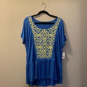 Blue embroidered signatures studios blouse
